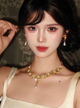 欧美时尚个性夸张金色项链套装小众高级轻奢气质百搭仿珍珠锁骨链