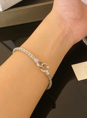 波光粼粼闪钻轻奢银色手链女小众高级感双环锁扣精致时尚百搭手饰