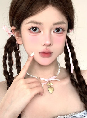 欧美时尚个性爱心蝴蝶结仿珍珠项链轻奢粉色甜心小众颈链2025新款