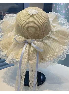 夏季蕾丝新款lolita蝴蝶结爱心飘带海边草编沙滩夏季度假遮阳帽
