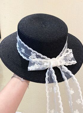 法式田园风蕾丝飘带防晒编织草帽女春夏天海边度假遮阳沙滩帽礼帽