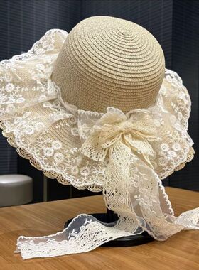 新款蕾丝草帽海边lolita帽子甜美波浪草帽森系田园遮阳沙滩帽