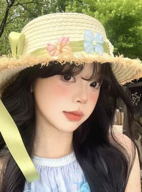 法式花朵编织草帽遮阳帽夏季帽檐海边度假遮阳蝴蝶结防晒帽子沙滩