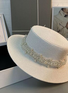 新款珍珠草帽春夏季时尚遮阳太阳帽子女旅游小众文艺百搭礼帽平顶