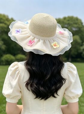 2026新款草帽韩版lolita装扮立体花朵装饰草帽度假风旅游沙滩户外