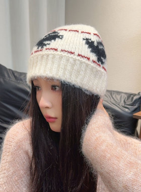 复古小鸟提花加厚保暖针织帽女