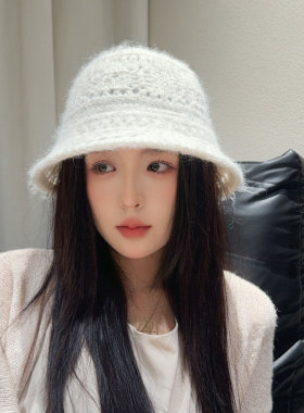 秋冬保暖钩花镂空针织水桶帽女