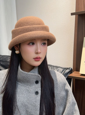 秋冬羊毛盆帽女赫本风百搭