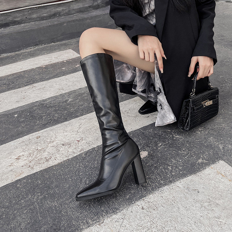 2023秋冬新款方头高筒不过膝长筒靴显瘦骑士靴女粗跟高跟黑色靴子,淘宝优惠券,粉丝福利购,淘宝优惠卷
