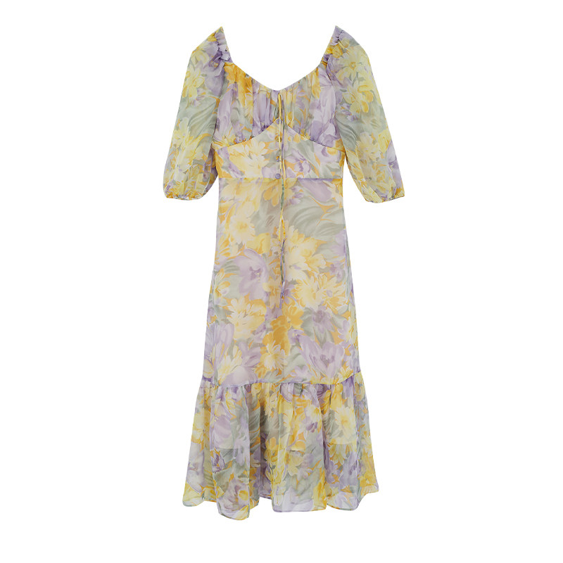 爱蔷薇紫色系列油画方领夏季连衣裙 爱蔷薇女装连衣裙