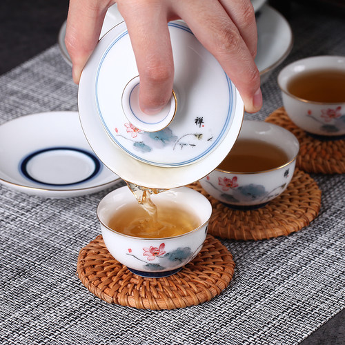 功夫茶具套装高档圆形陶瓷茶盘釉下手绘荷花整套茶具茶杯家用送礼 - 图1