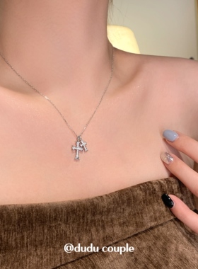 S925纯银双十字项链小众锁骨链女