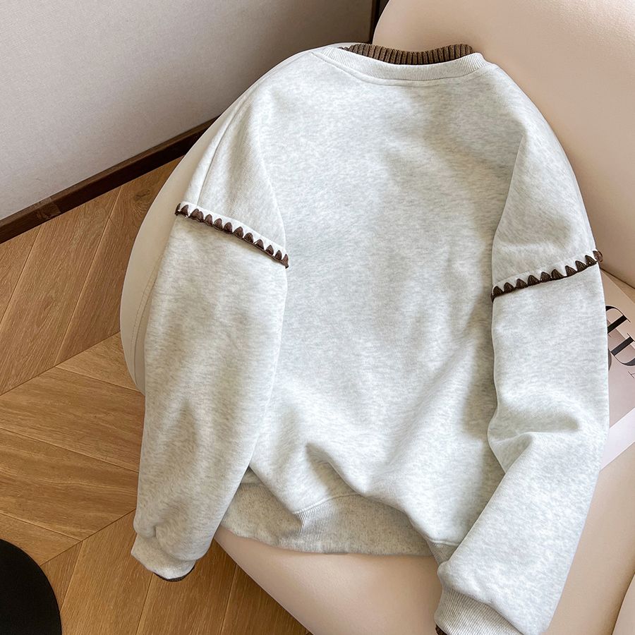 广州十三行女装白灰色无帽卫衣女秋冬加绒加厚韩系减龄假两件上衣 - 图0