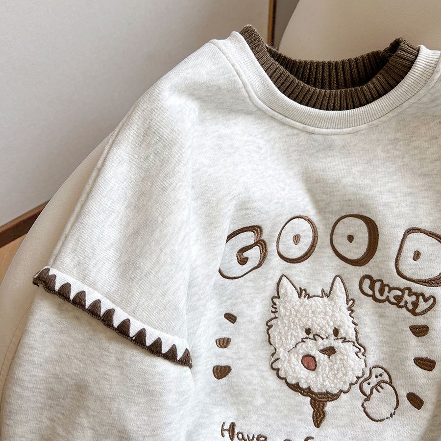 广州十三行女装白灰色无帽卫衣女秋冬加绒加厚韩系减龄假两件上衣 - 图1