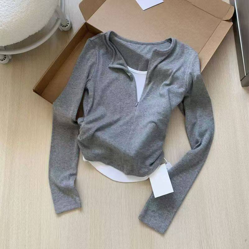 广州十三行女装早秋灰色抽褶假两件上衣女春秋修身短款长袖t恤衫,淘宝优惠券,粉丝福利购,淘宝优惠卷