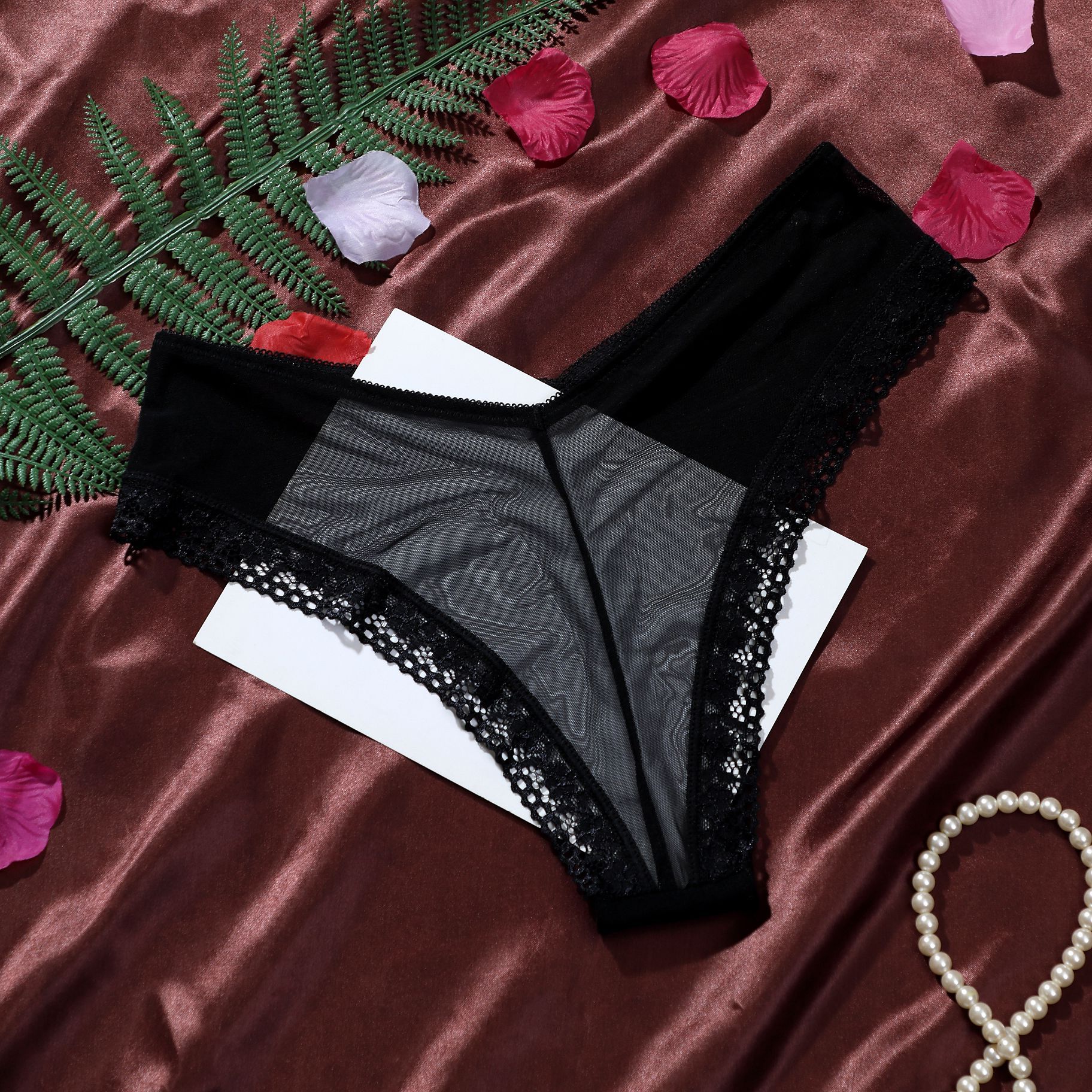 蕾丝大码深vT腰内裤女半包臀丁字裤透明网纱性感露显臀轻熟裸感风 - 图3