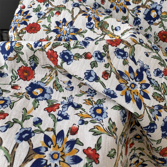 Lin Shiba ຕະຫຼາດດອກໄມ້ງາມລີສອດແບບ Retro Floral Skirt Round Neck Puff Sleeve Waist Sweet A-Line Dress