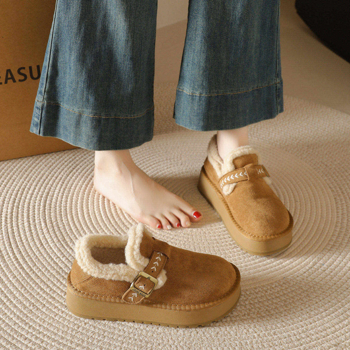 厚底加绒勃肯鞋女鞋2026新款冬季乐福鞋保暖雪地靴一脚蹬34码棉鞋,淘宝优惠券,粉丝福利购,淘宝优惠卷