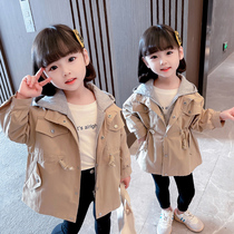 Girls Korean version of the trench coat medium and long version of the female treasure 2022 Western school childrens fashion tops childrens hooded jacket spring and autumn