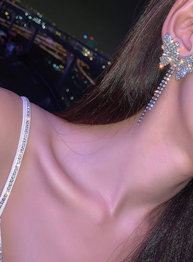 韩版时尚百搭镶钻流苏蝴蝶耳环女