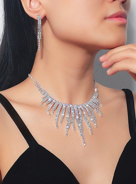 新娘百搭镶钻流苏项链耳环套装女