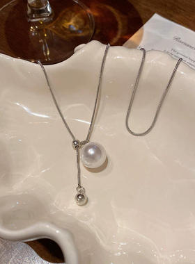 韩版白色珍珠抽拉项链女长款简约气质饰品时尚小众配饰毛衣锁骨链