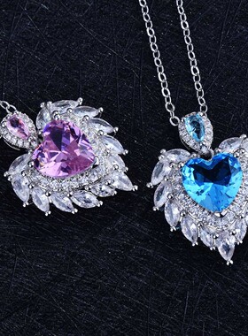 天使之翼吊坠海蓝宝翅膀心形项链