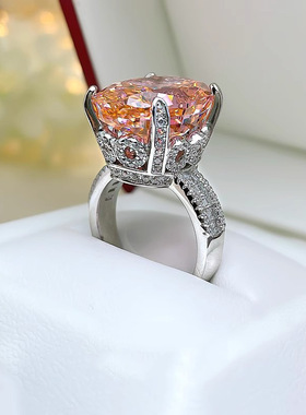 超大鸽子蛋高碳钻橙色冰花切戒指