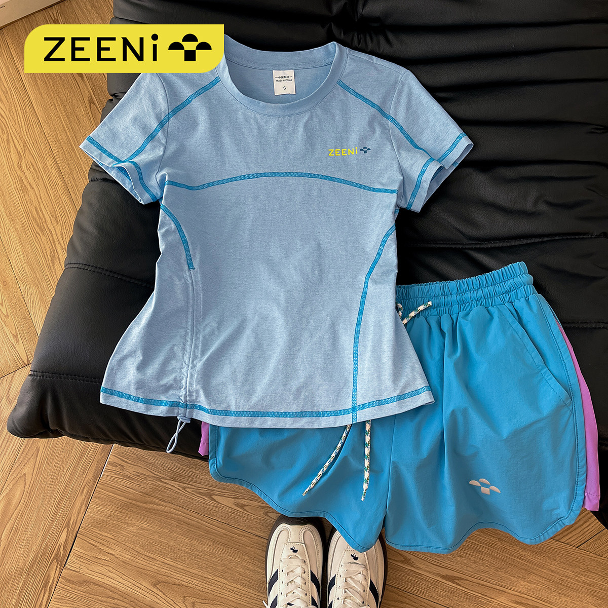 ZEENI 多巴胺冰凉感正肩短袖t恤女速干短裤户外骑行跑步运动套装,淘宝优惠券,粉丝福利购,淘宝优惠卷