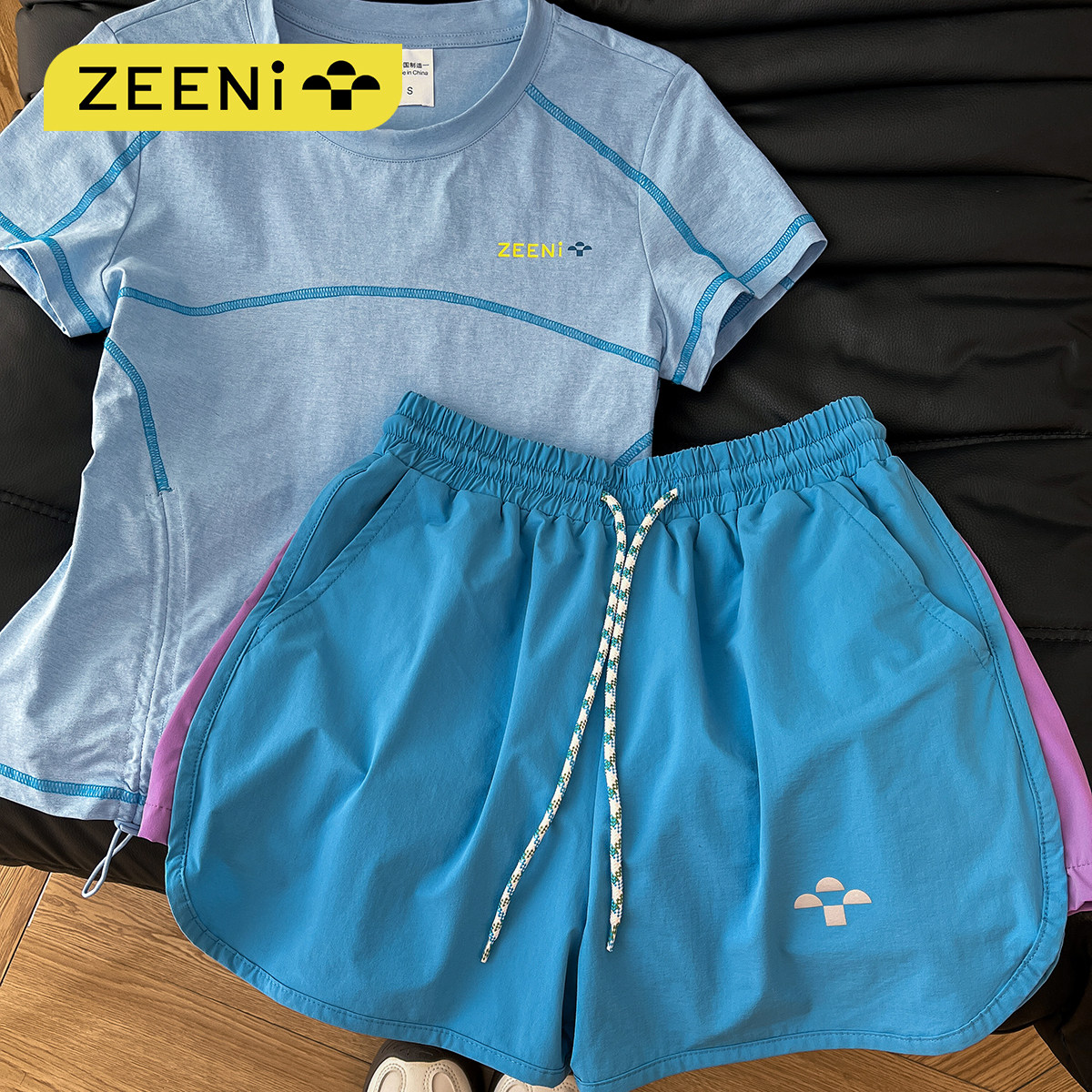 ZEENI 多巴胺冰凉感正肩短袖t恤女速干短裤户外骑行跑步运动套装,淘宝优惠券,粉丝福利购,淘宝优惠卷