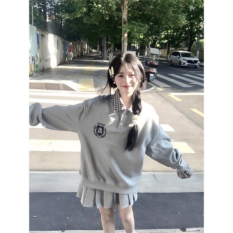 学院风格纹POLO领拼接假两件卫衣女春秋灰色复古宽松长袖刺绣上衣,淘宝优惠券,粉丝福利购,淘宝优惠卷