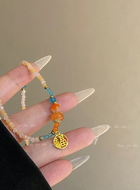 时尚小清新彩色串珠多圈手链新中式甜美精致高颜值弹力手环送闺蜜