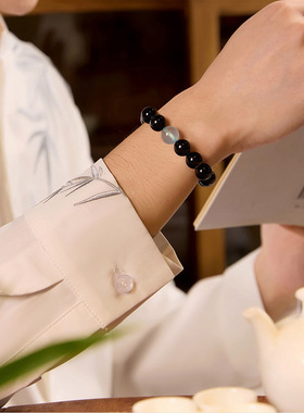 五行缺补水火金木土黑曜石手串男女款绿檀木红玛瑙本命年手链