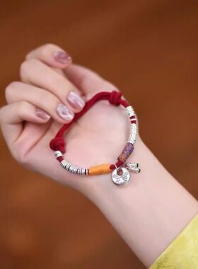 平安小胖福袋手链 纯银盘缠银坨转运珠手绳情侣百搭银手饰