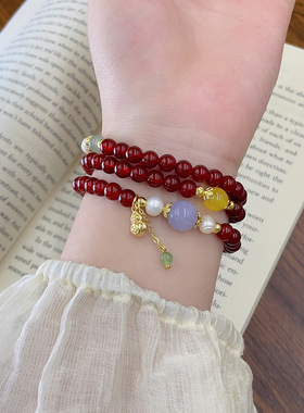 中国红~6MM三圈天然红玛瑙手串女新中式高级感本命年红色水晶手链