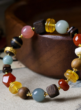 新中式蜜蜡多宝原创手串文玩桶珠沉香木南红玛瑙国风手链一件代发