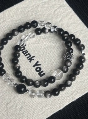 【极简】中式叠戴黑色串珠银曜石手链小众暗黑男女情侣双层手链
