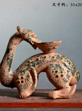 唐三彩陶瓷灯台兽型烛台摆件