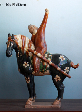唐三彩陶瓷马上狩猎佣骑射佣摆件