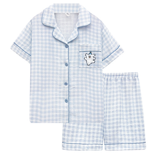 双层泡泡纱睡衣夏天女款纯棉短袖套装日系甜美可爱卡通家居服夏季 - 图3