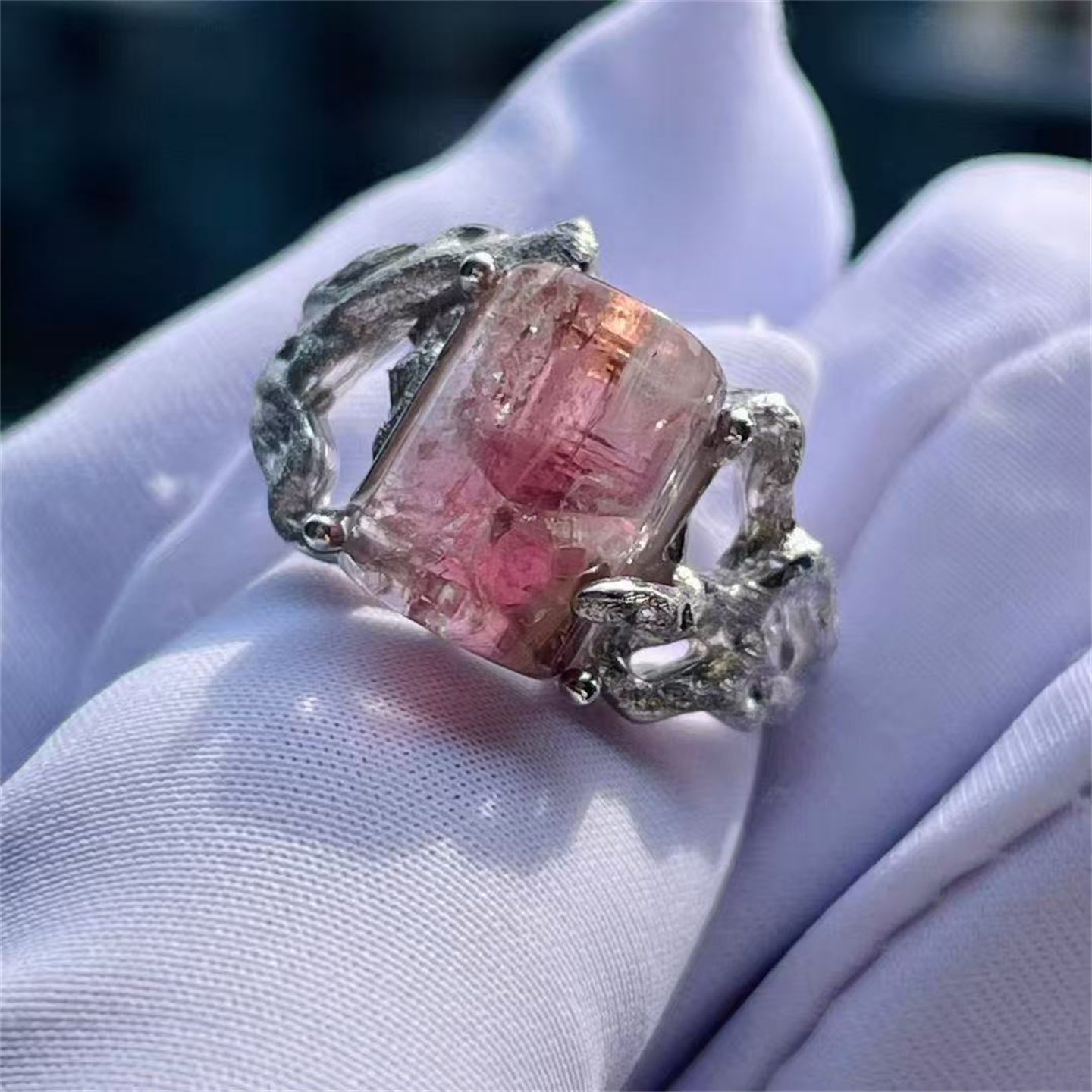 天然水晶包裹体粉碧玺矿物裸石银镶嵌戒指活口可调节饰品礼物,淘宝优惠券,粉丝福利购,淘宝优惠卷