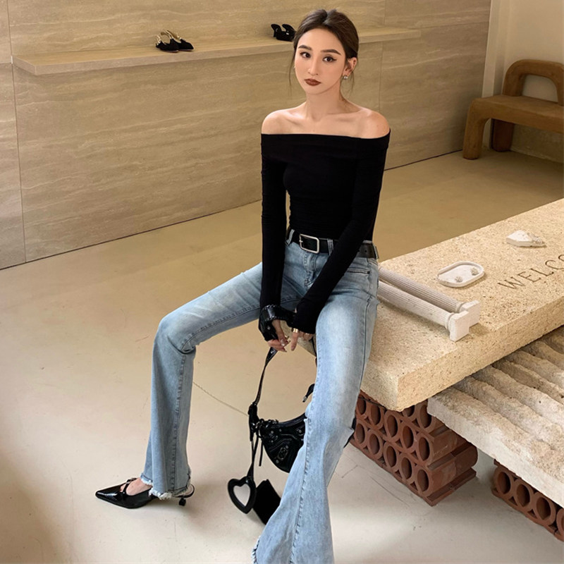辣妹一字肩露肩锁骨长袖打底T恤女内搭秋季性感修身短款气质上衣,淘宝优惠券,粉丝福利购,淘宝优惠卷