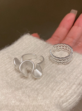 s925纯银波浪戒指女ins磨砂开口