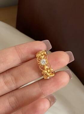 意式轻奢925银拉丝鸢尾花戒指女