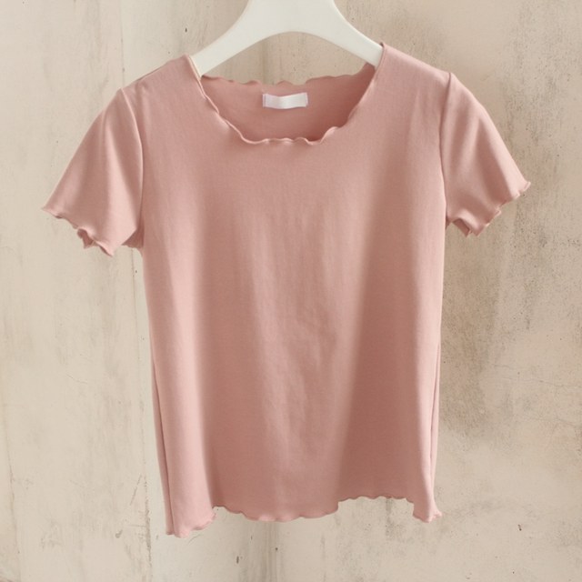 Fungus edge pure cotton casual short sleeve round neck basic women