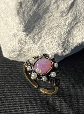 中古天然月光石欧泊珍珠戒指开口可调节蓝光灰月光做旧风食指戒指