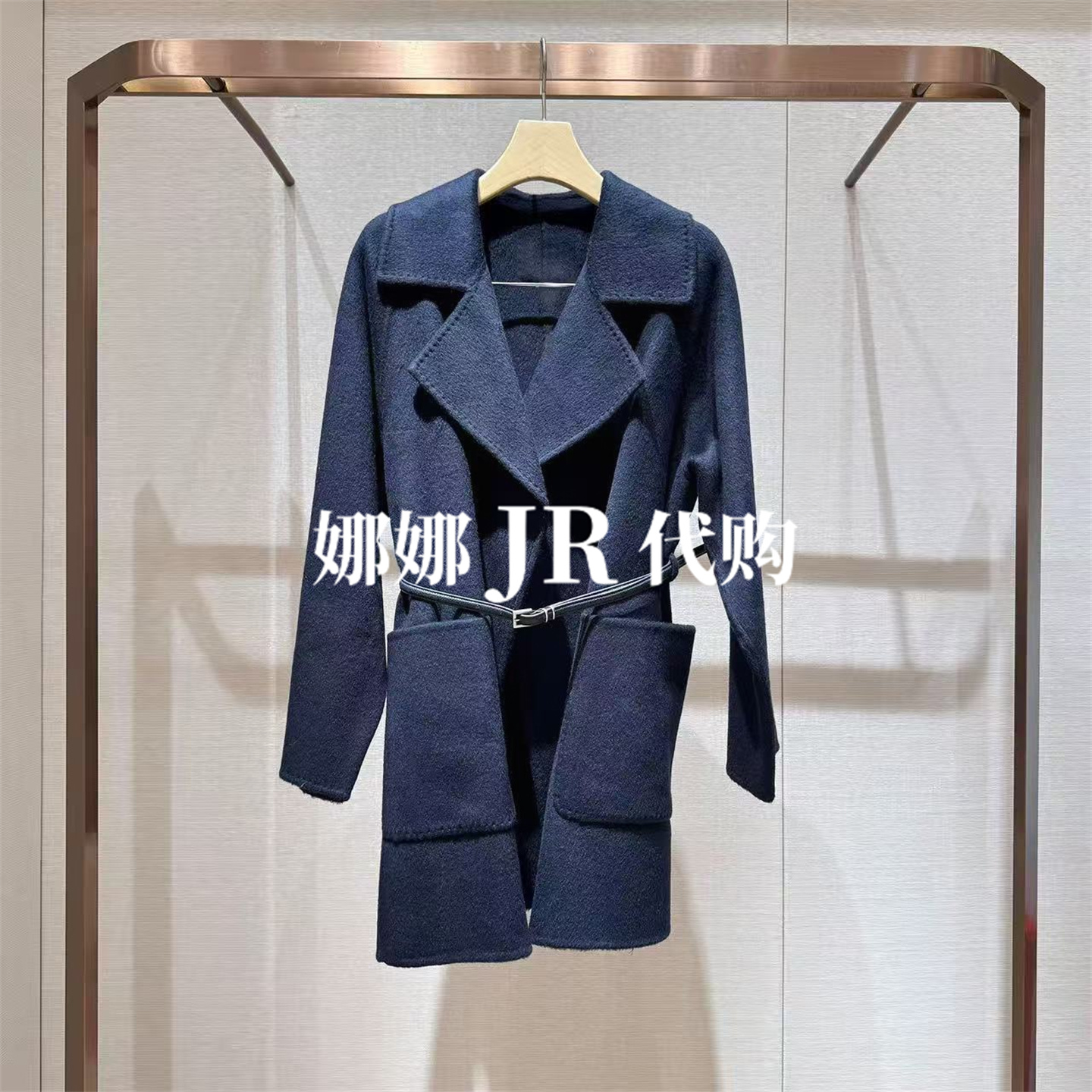 JR专柜正品2025年冬季新款西装领拼接腰带毛呢大衣女外套XRJ7D09D - 图0