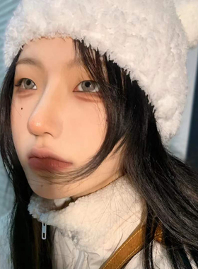 帽子女秋冬季保暖小熊毛绒帽百搭可爱套头帽子ins冷帽学生毛线帽
