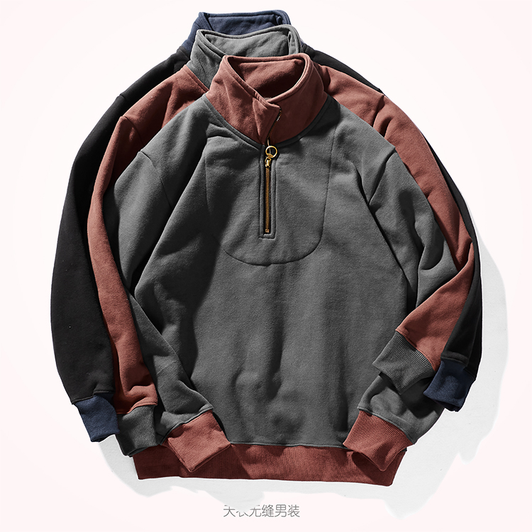 男装秋冬新款立领卫衣毛圈布加绒加厚520g重磅撞色拼接上衣外套潮 - 图1