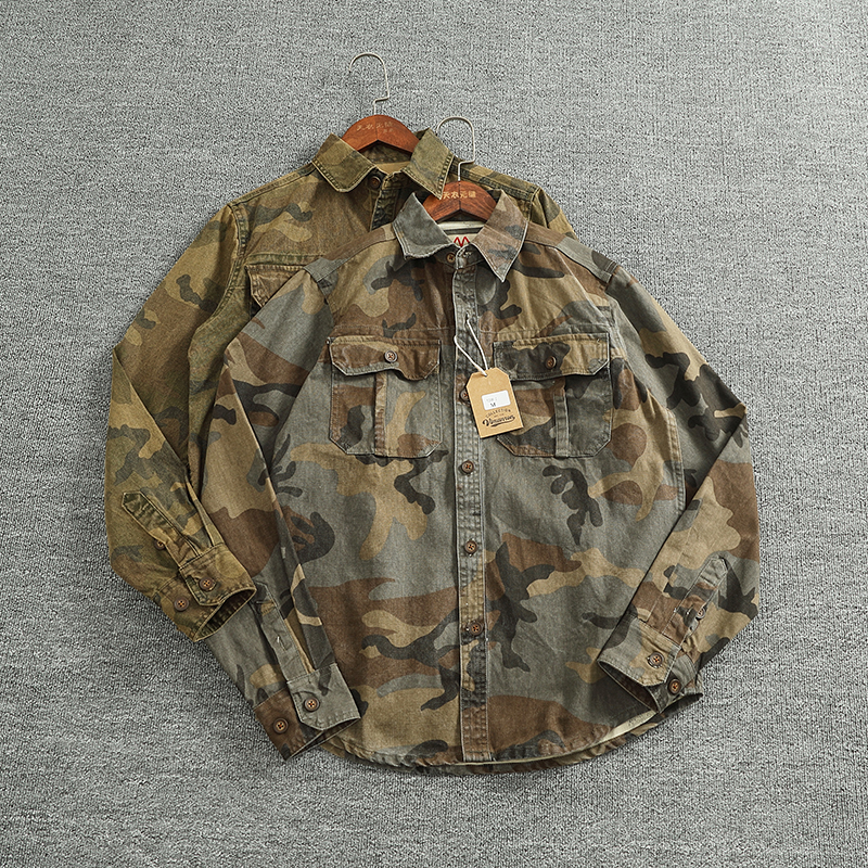 秋冬新款迷彩色衬衣男美式休闲全棉做旧水洗工装长袖衬衫复古外套 - 图1